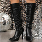 Langry fashion black leather pointed toe stiletto knee-high boots