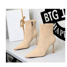 Elegant beige suede langry fashion ankle boots with pointed toe and slim high heel