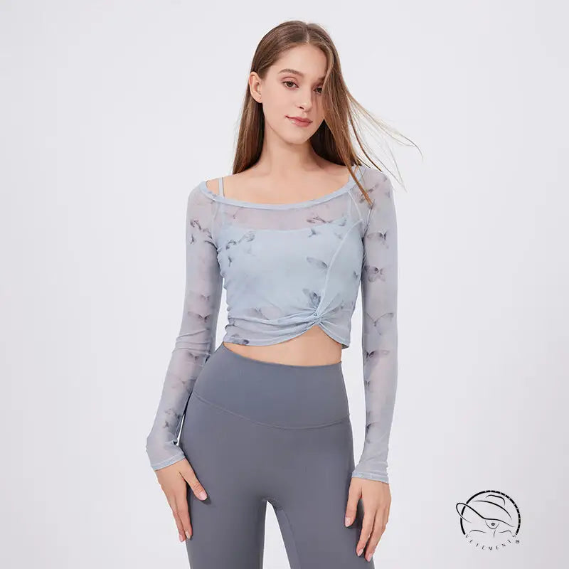 Floral Butterfly Faux Two Piece Sports t Shirt Women Long Sleeve with Chest Pad Yoga Clothes Mesh Top Quick Drying