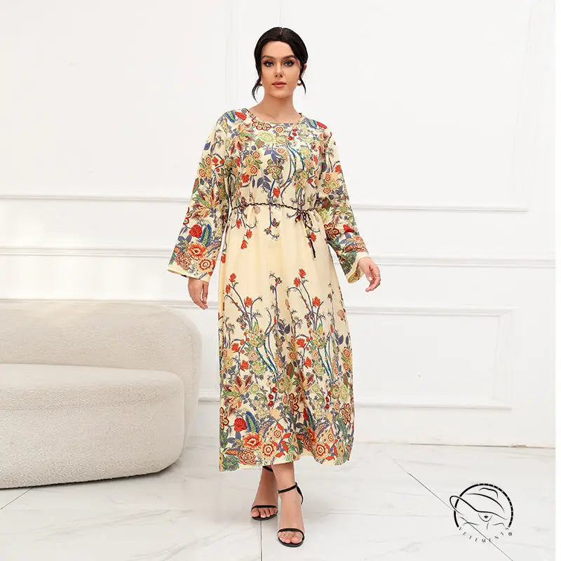 Ethnic Loose Maxi Dress Cashew Printed Long Sleeve