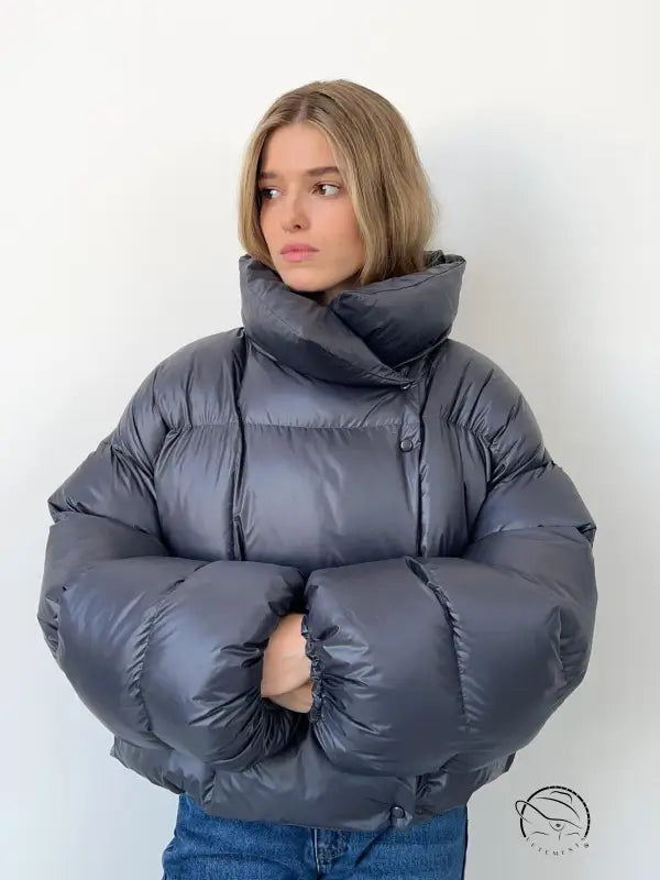 Gray puffer jacket with high collar in Langry fashion ملابس