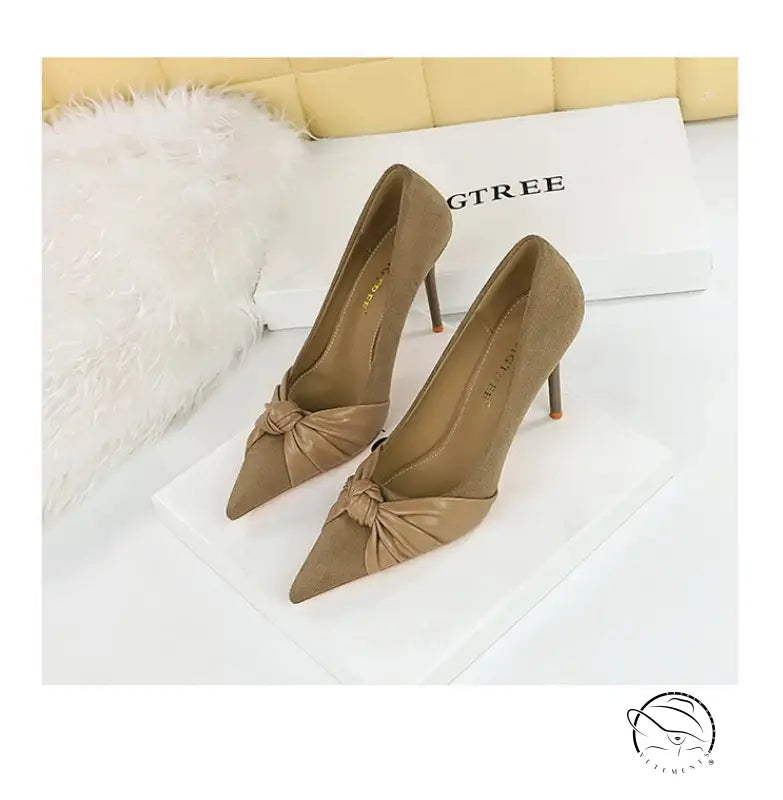 Fashion beige suede stiletto heels with bow detail, langry fashion