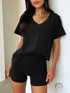 Comfy daily set: black v-neck t-shirt and shorts loungewear