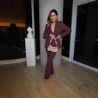 Woman in plum casual professional pants two piece set