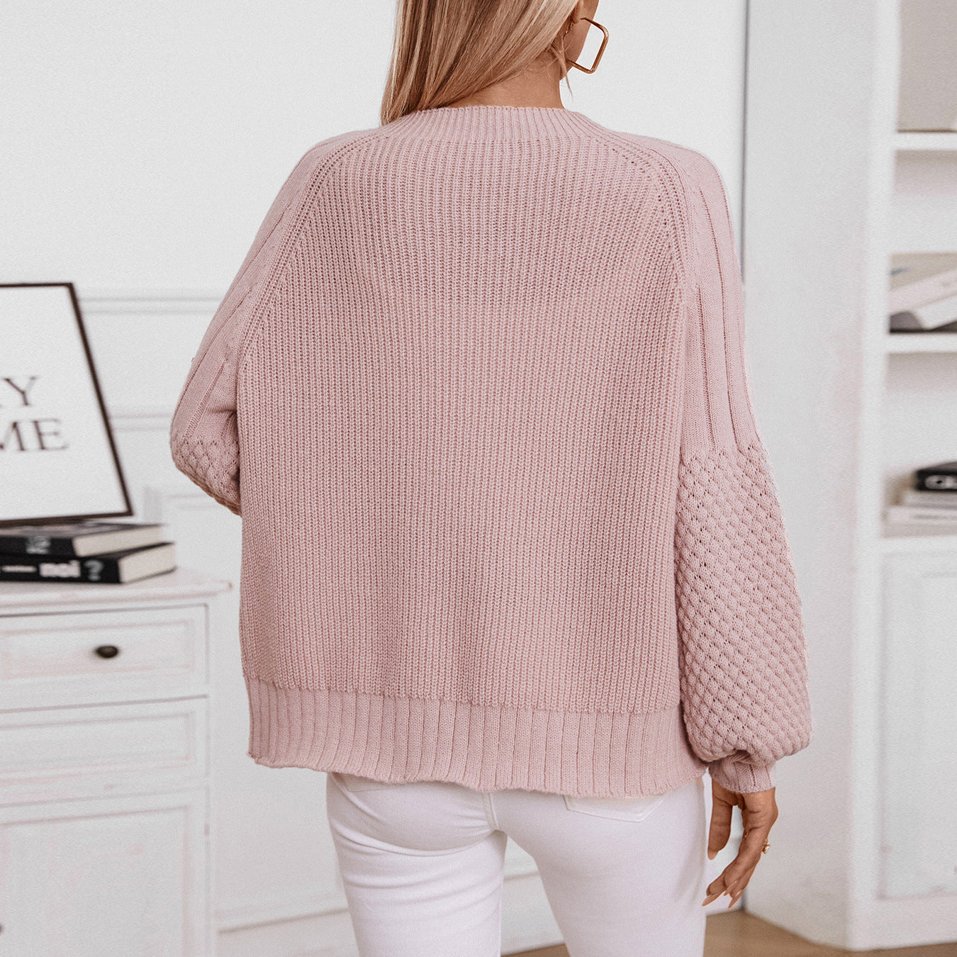 Pink knit cardigan casual loose lantern sleeve sweater for stylish comfort