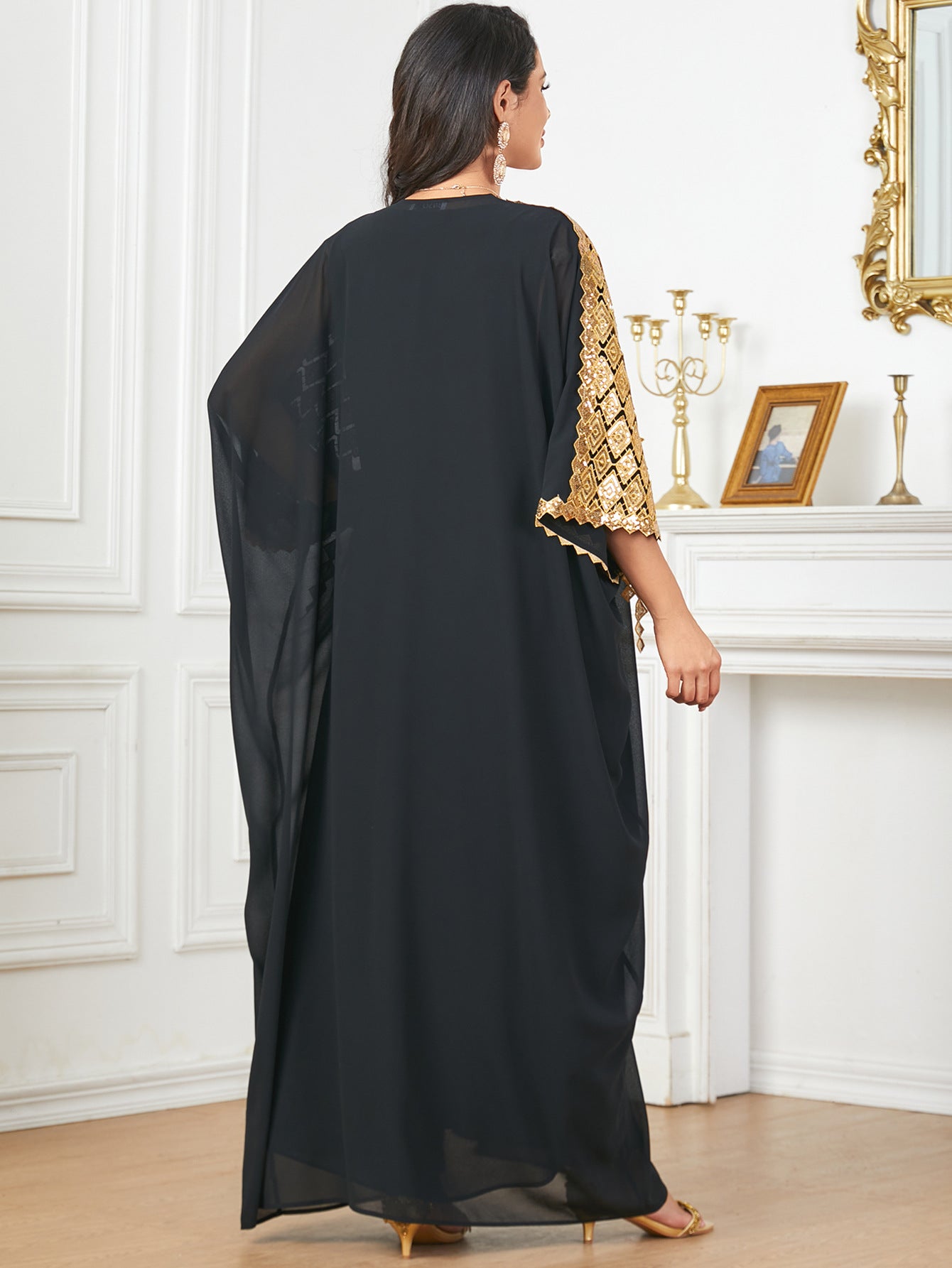 Black chiffon kaftan with gold embroidery sleeves in Langry fashion suit dress