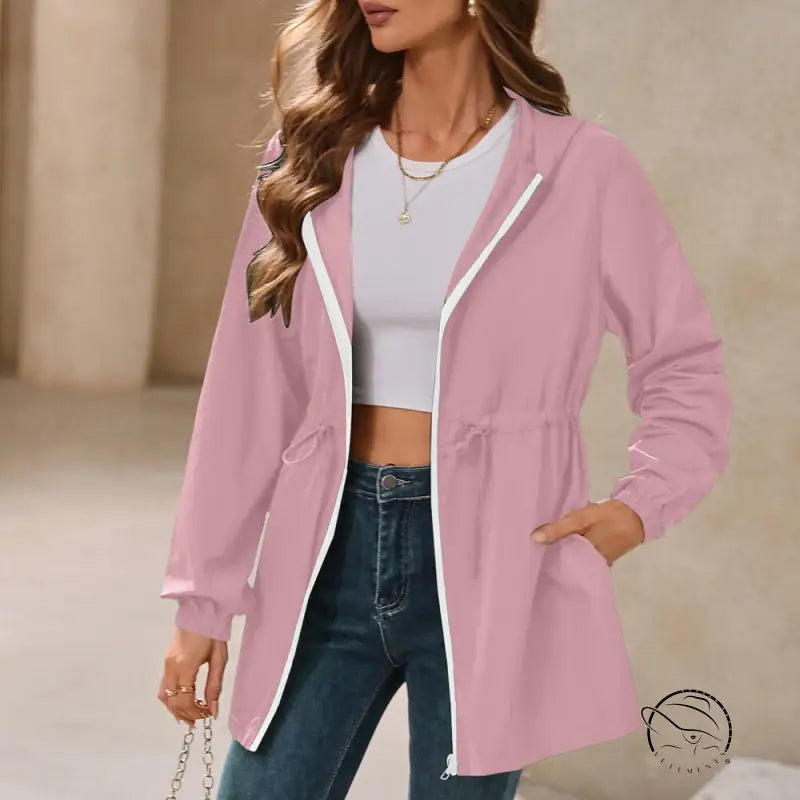 Pink hooded outdoor raincoat jacket for women mountaineering