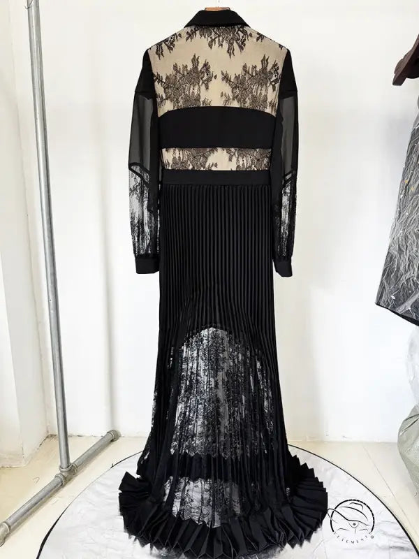 Elegant long black pleated fashion dress with lace accents