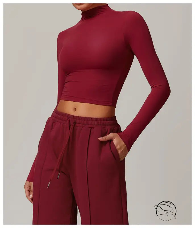 Burgundy long-sleeved quick drying fitness sports outerwear crop top