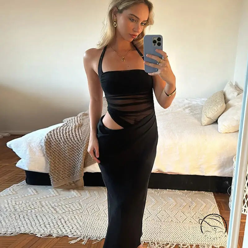 Stunning black halter split maxi dress with cutout design
