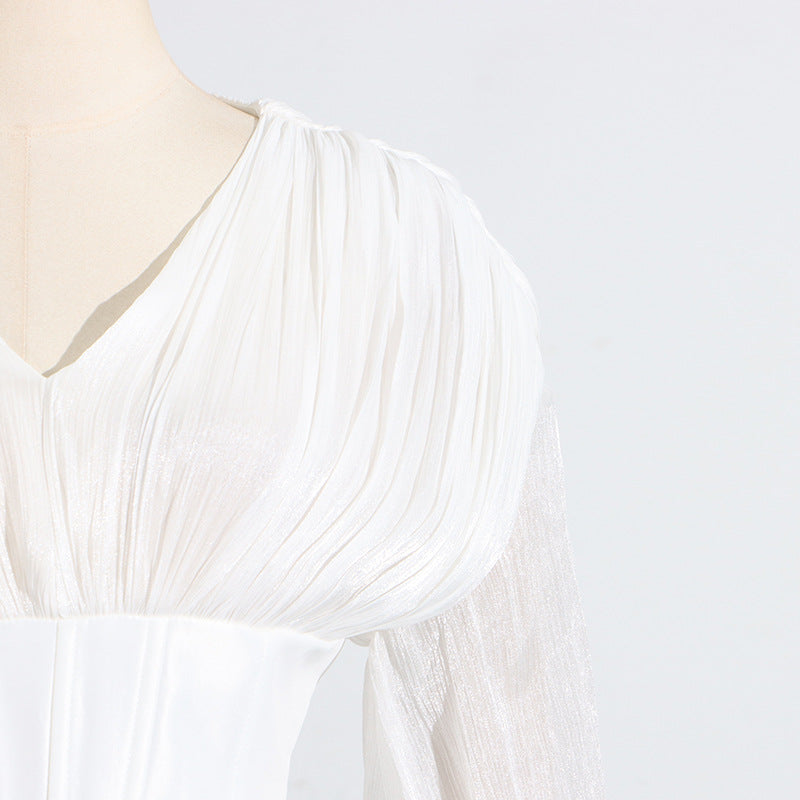 Langry fashion white pleated blouse with ruffled sleeves and V-neckline