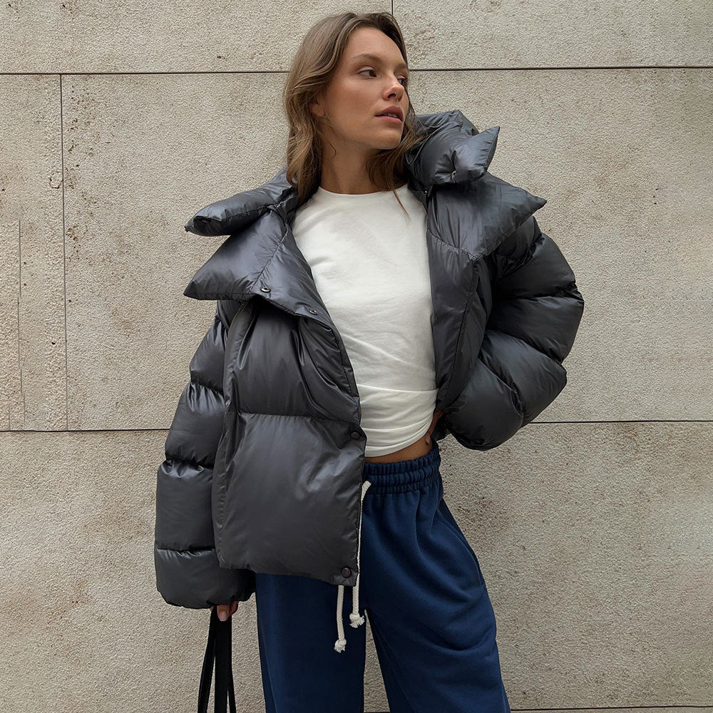 Shiny gray puffer jacket from Langry, stylish and warm ملابس for winter fashion