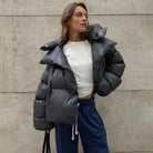 Shiny gray puffer jacket from Langry, stylish and warm ملابس for winter fashion