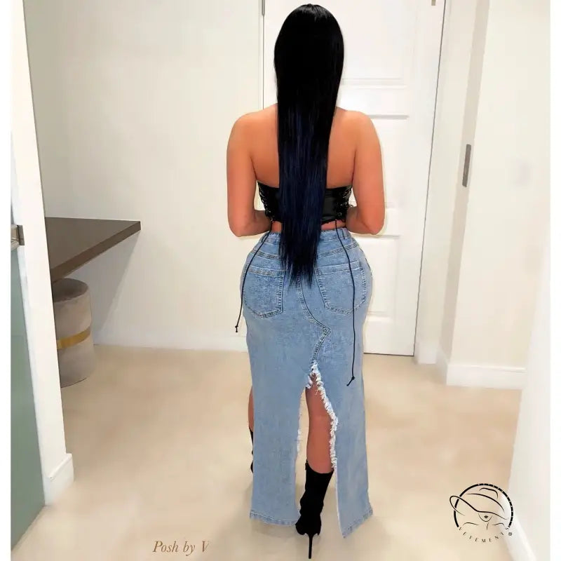 Stunning hip stretch denim long skirt with long straight black hair and back slit
