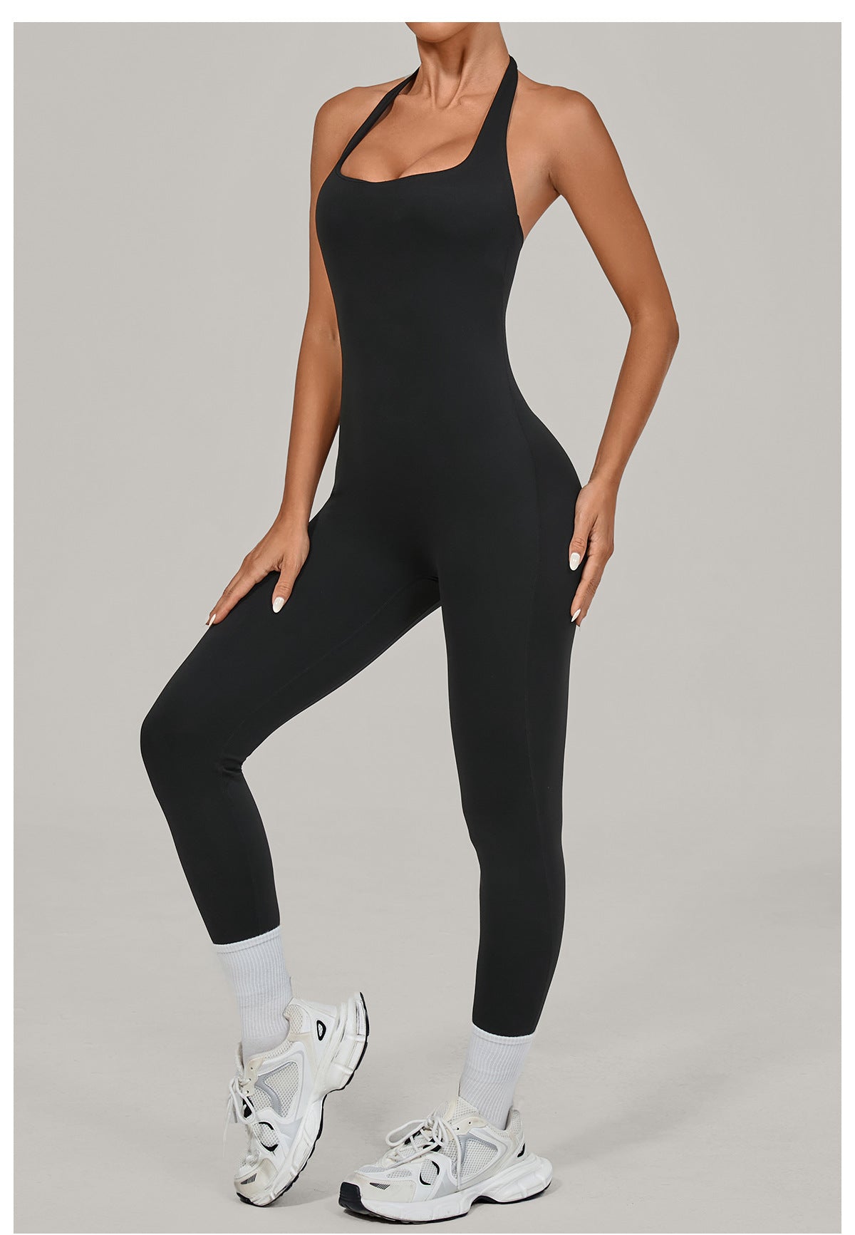 Black langry halter yoga jumpsuit for outdoor fashion