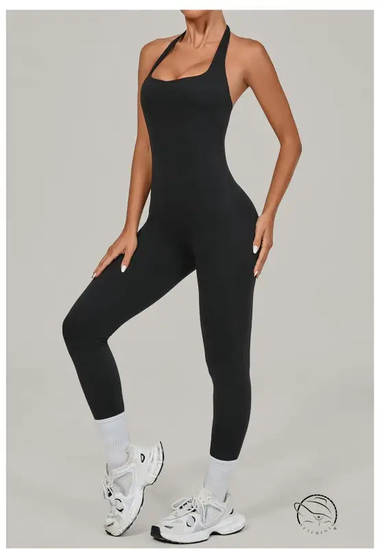 Black langry fashion halter yoga jumpsuit for outdoor wear