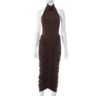 Elegant langry brown ruched halter dress with high neckline