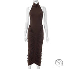 Elegant langry brown ruched halter dress with high neckline