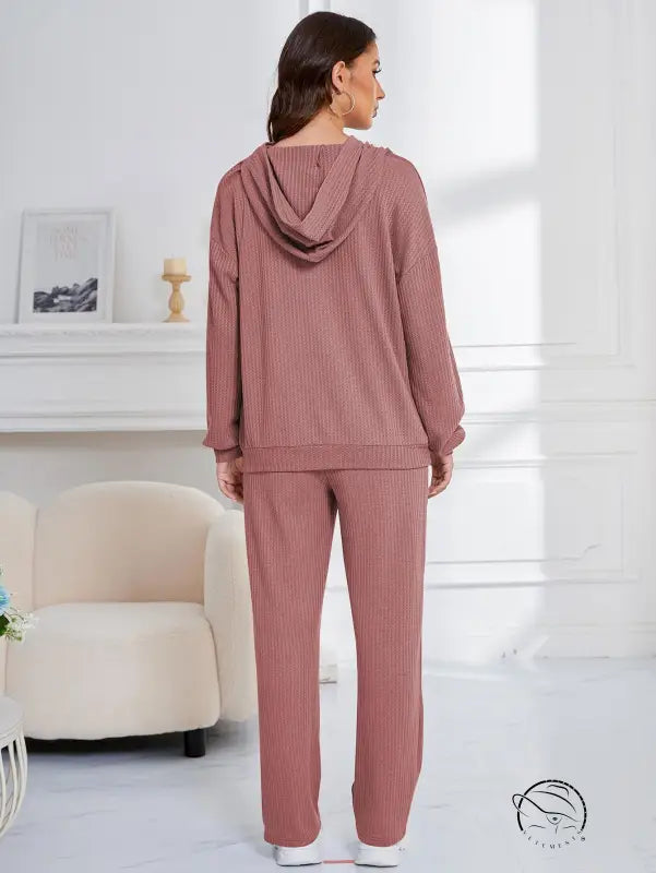 Ribbed knit hooded casual suit for women pajamas lounge set