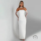 Elegant white strapless langry fashion gown for winter evenings