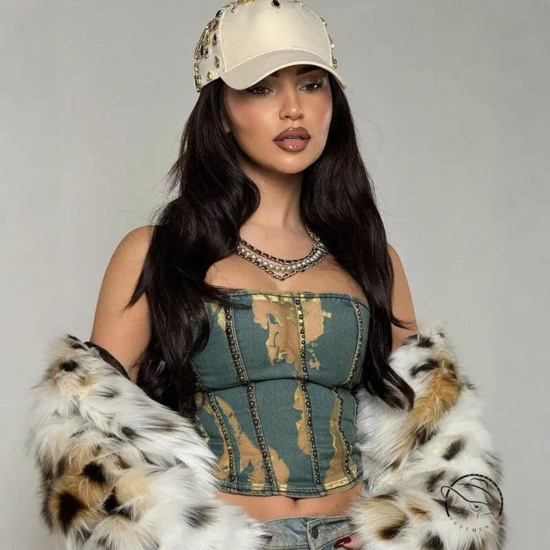 Beige baseball cap with gold and clear embellishments for Langry fashion coat