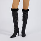 Black thigh-high heeled boots with fur trim, perfect high leg boot for stylish outfits