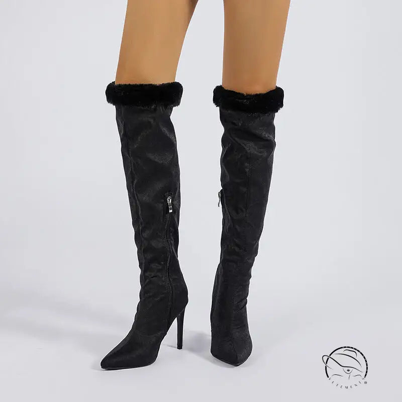 Black thigh-high heel high leg boots with fur trim