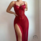 Red sheer mesh babydoll nightgown with lace trim and high slit