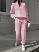 Pink Nike zip-up sweatshirt and pants set with white sneakers, langry fashion ملابس