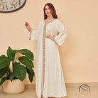 Gorgeous cream lace abaya with gold trim, bell sleeves, Middle East fashion dress