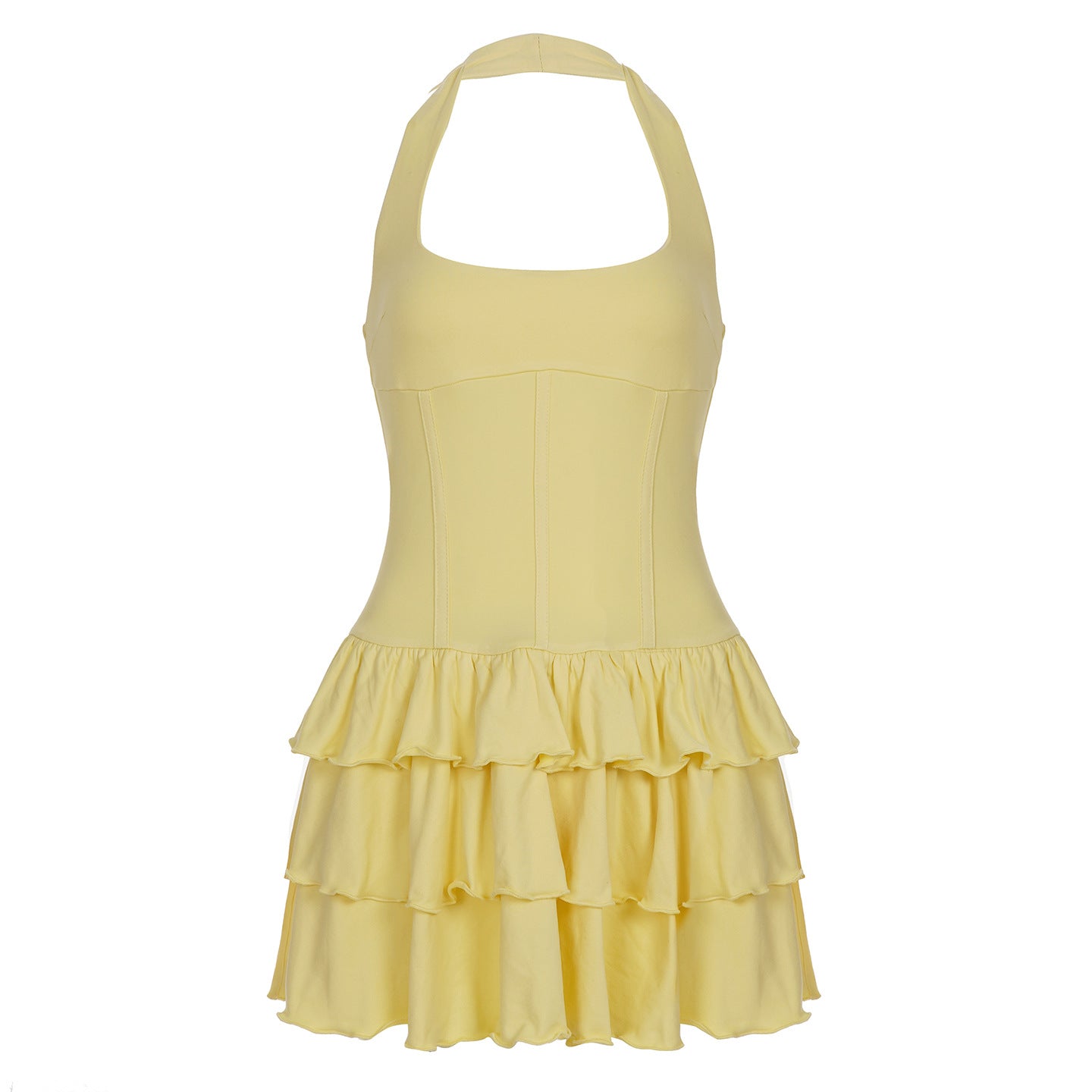 Cute Langry halter backless short dress in pale yellow fashion ملابس