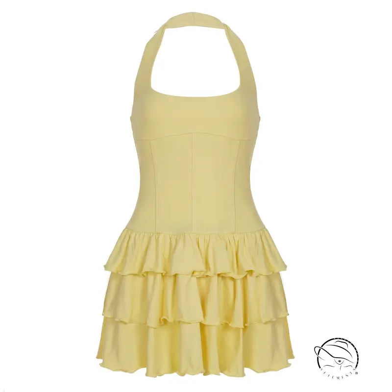 Cute langry fashion halter backless short dress in pale yellow with ruffles