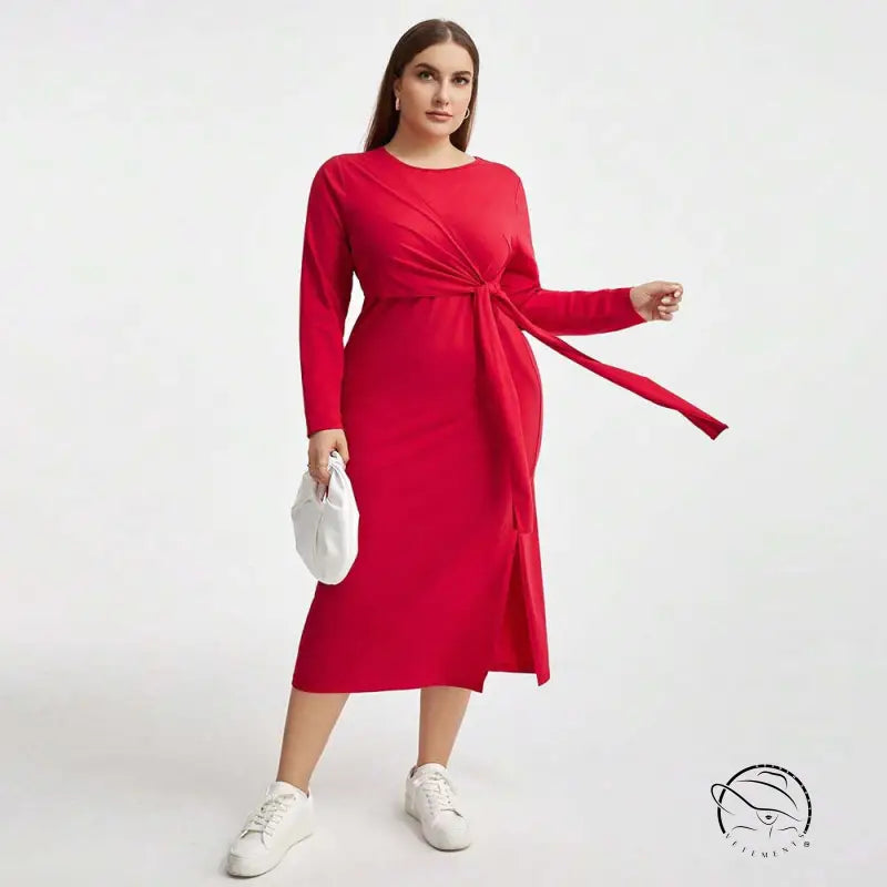 Elegant high waist lace up red long-sleeved midi sheath dress