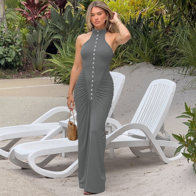 Langry fashion grey halter neck maxi dress with button detail