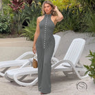 Langry fashion grey halter neck maxi dress with button detail