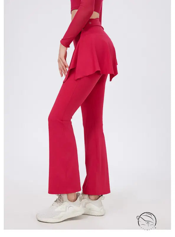 Red flared yoga pants with ruffled hem, hip lifting nude feel, white sneakers