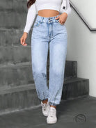 Light wash high-waisted beaded straight jeans with elastic cuffs