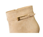 Langry beige suede ankle boot with gold buckle and side zipper high heel fashion