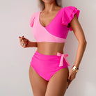 Two-tone pink ruffled swimsuit from Stunning High Waist Bikini collection in fashion ملابس