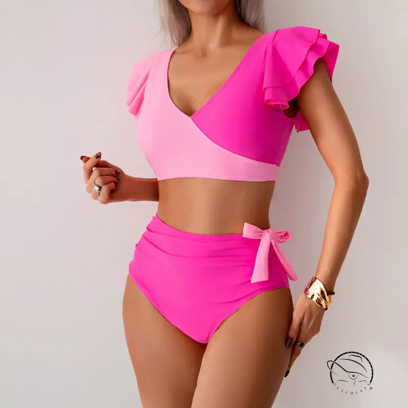 Stunning high waist bikini in two-tone pink ruffled design