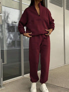 Maroon langry fashion tracksuit with white high-top sneakers, casual ملابس set