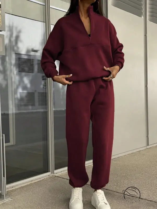 Langry fashion maroon tracksuit with white sneakers, winter zipper collared set