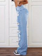 Langry fashion light blue ripped washed high waist denim jeans with black white sneakers