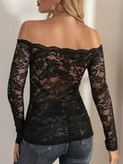 Elegant black lace off-shoulder slim fit T-shirt with floral long sleeves