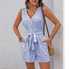 Blue and white striped sleeveless romper with tie waist for summer fashion ملابس