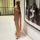 Elegant langry fashion mesh ribbon hip wrapped dress in peach with silver heels
