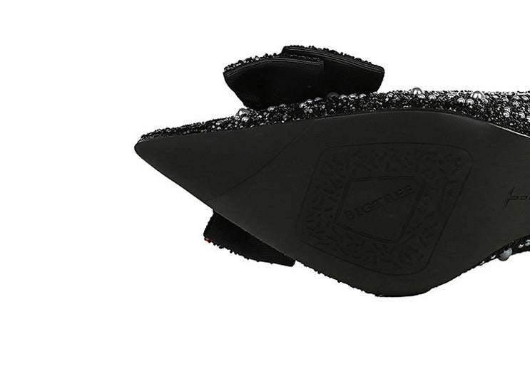 Elegant langry fashion black sequined flat shoe with bowknot rhinestone detail