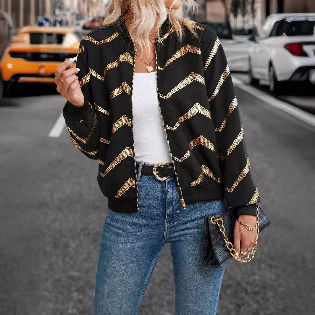 Woman’s black and gold chevron bomber jacket from Langry fashion ملابس collection