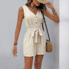 Sleeveless striped romper with v-neck and tie, perfect for summer fashion ملابس