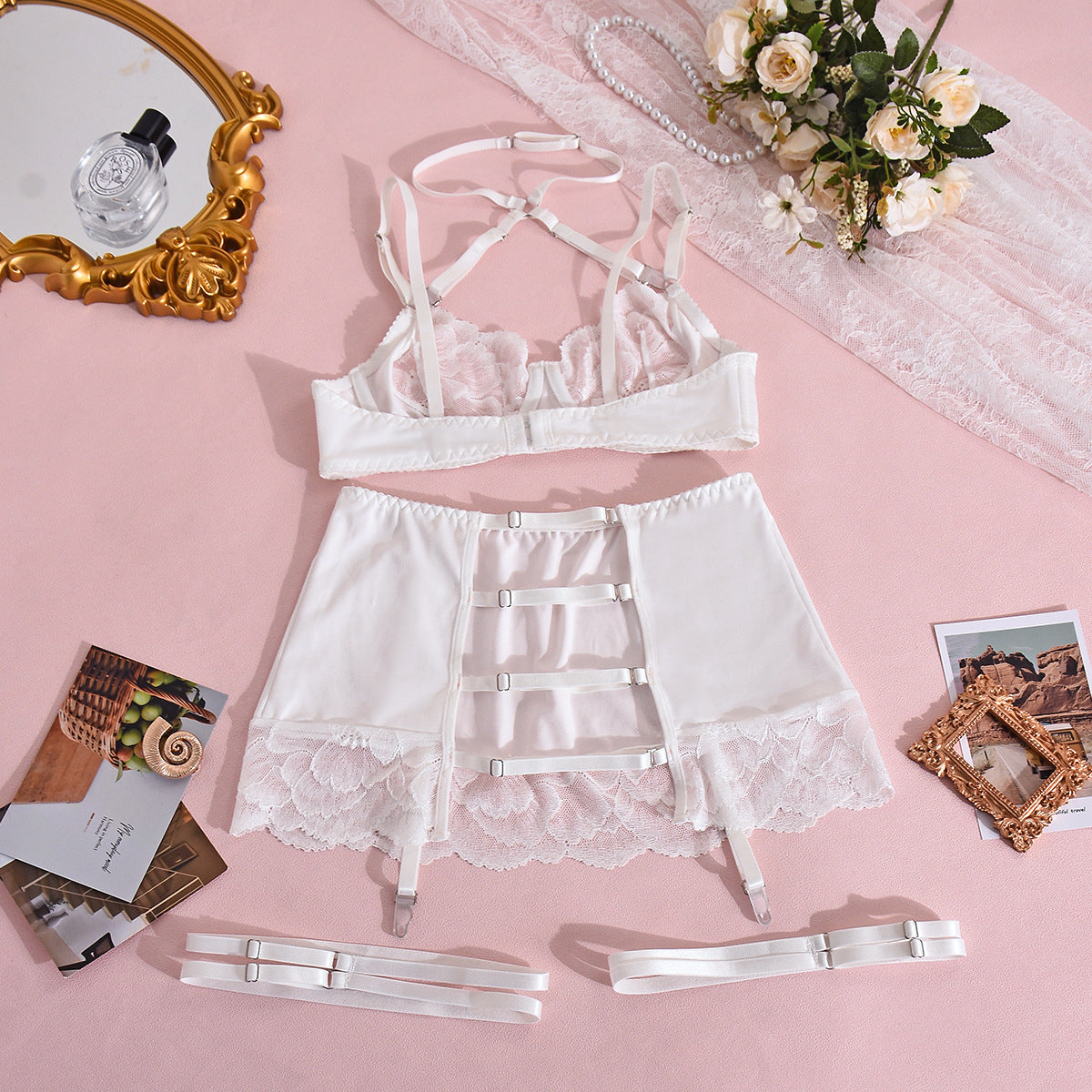 White lace lingerie set with satin straps, garter belts in Sao fashion